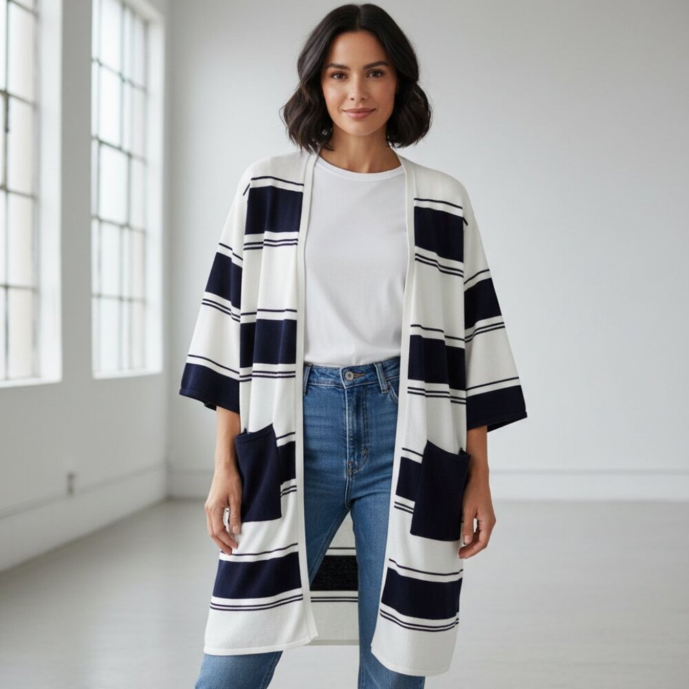 Runaway 8 M Cardigan Duster Blue White Pockets‎ Lightweight Scandi Minimalist